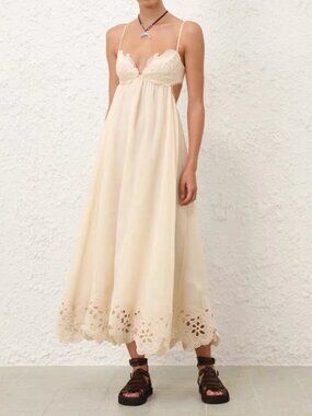 Zimmermann Ivory Lace Linen Midi Dress Size 0 Embroidered Eyelet Strappy